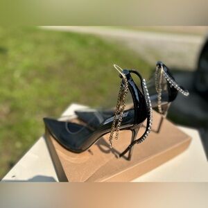 Steve Madden Black Patent Pointed Toe Heels with Chain & Crystal Accents